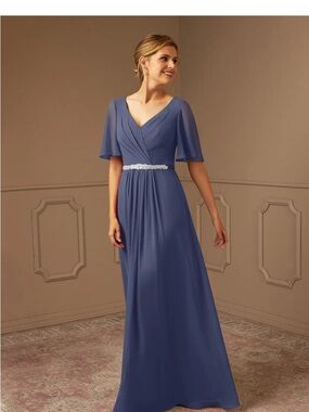 NWT! Azazie “Stormy” Chiffon V-Neck Maxi Dress with Beaded Waist